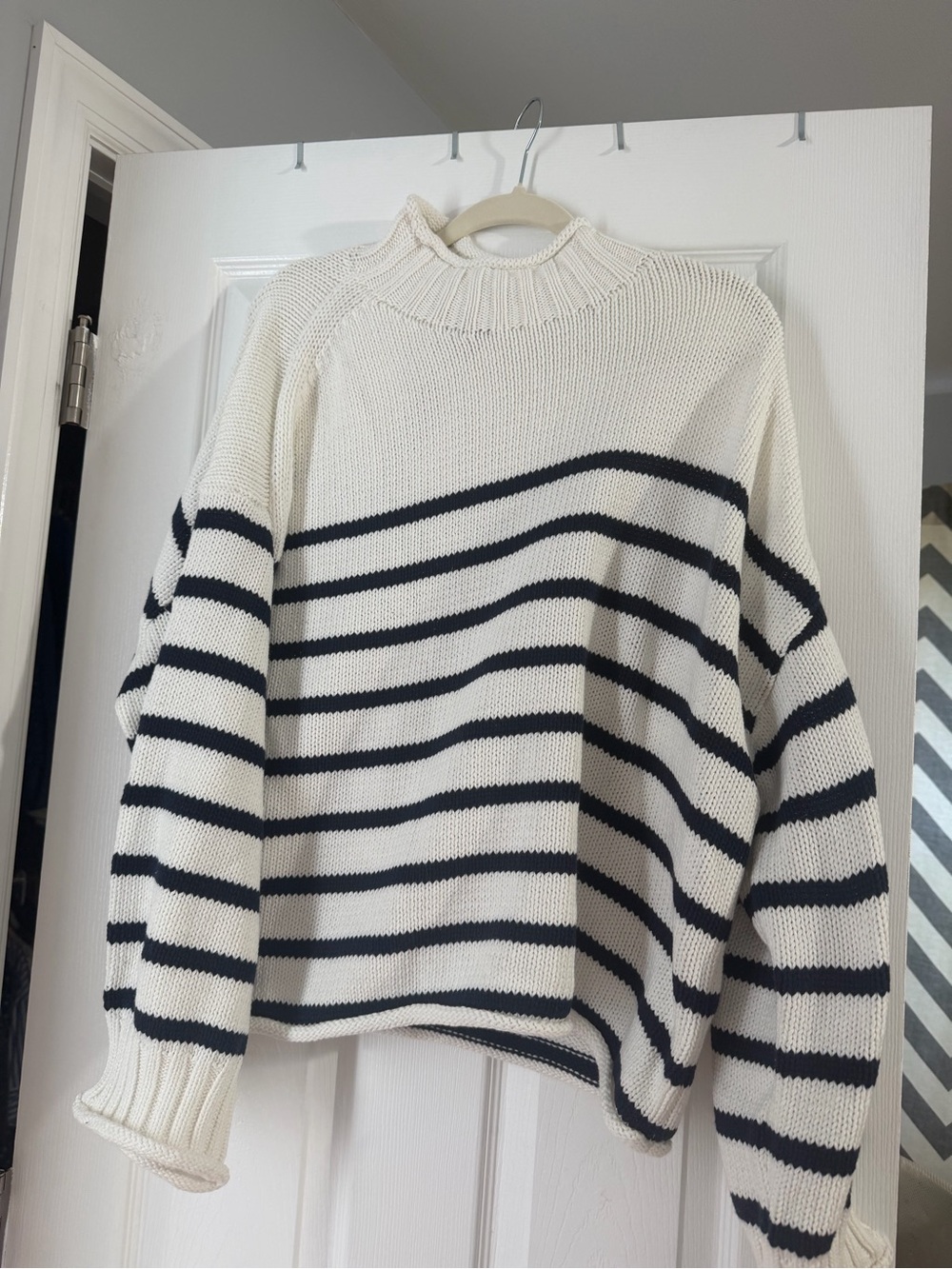J. Crew Cream and Black Striped Ribbed Turtleneck Sweater
